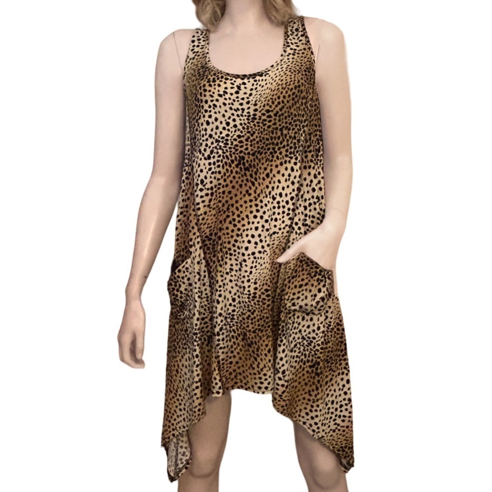 Joseph Ribkoff Dress Tunic Leopard Chettah Print Sleeveless Asymmetrical Pockets
